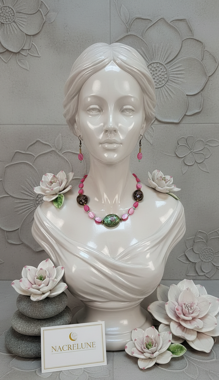 Parure en Perles de Nacre & Grandes Perles de Verre | Collier et Boucles d'Oreilles | NACRELUNE nacrelune.com parure