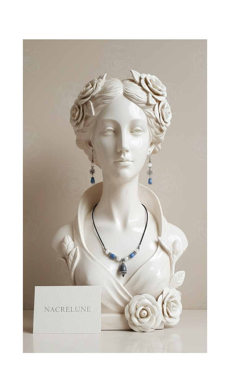 Parure en Perles de Quartz Bleu & Cristal de Roche | Collier et Boucles d'Oreilles | NACRELUNE nacrelune.com parure