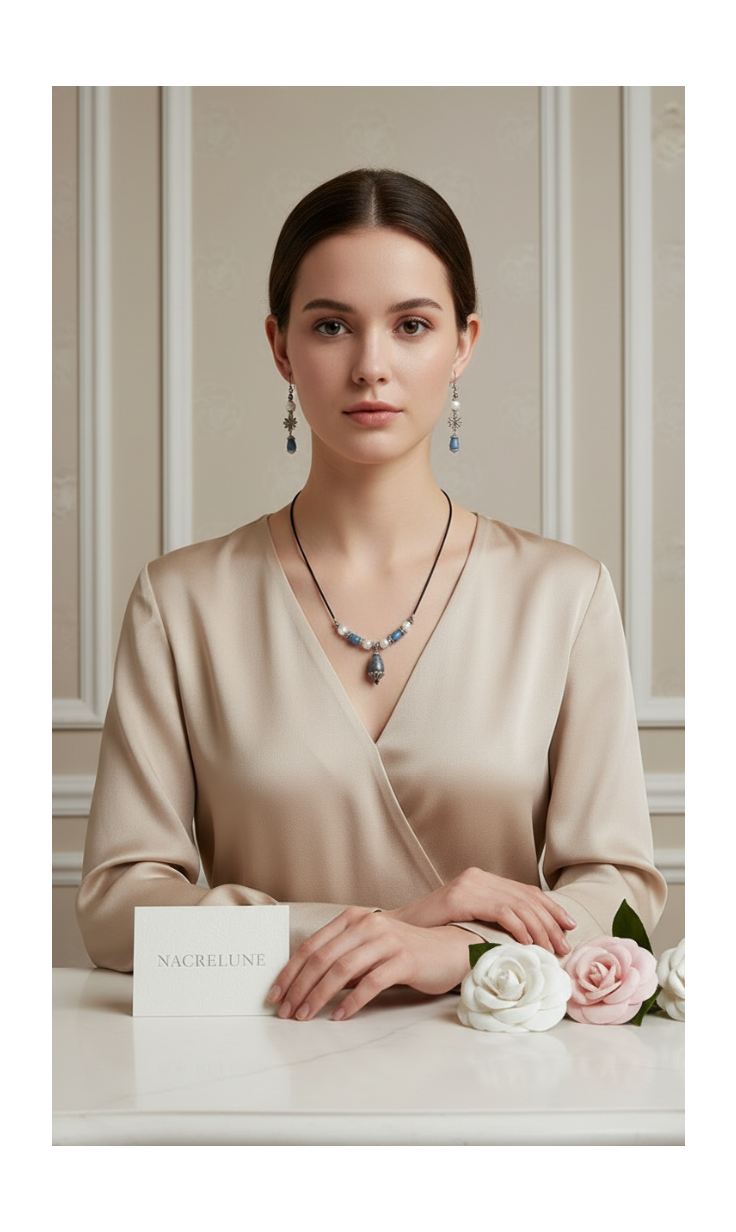 Parure en Perles de Quartz Bleu & Cristal de Roche | Collier et Boucles d'Oreilles | NACRELUNE nacrelune.com parure
