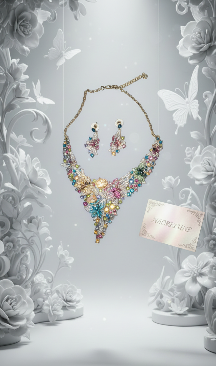 Parure en Strass Multicolores, Fleurs et Papillons | Collier et Boucles d'Oreilles | NACRELUNE nacrelune.com parure