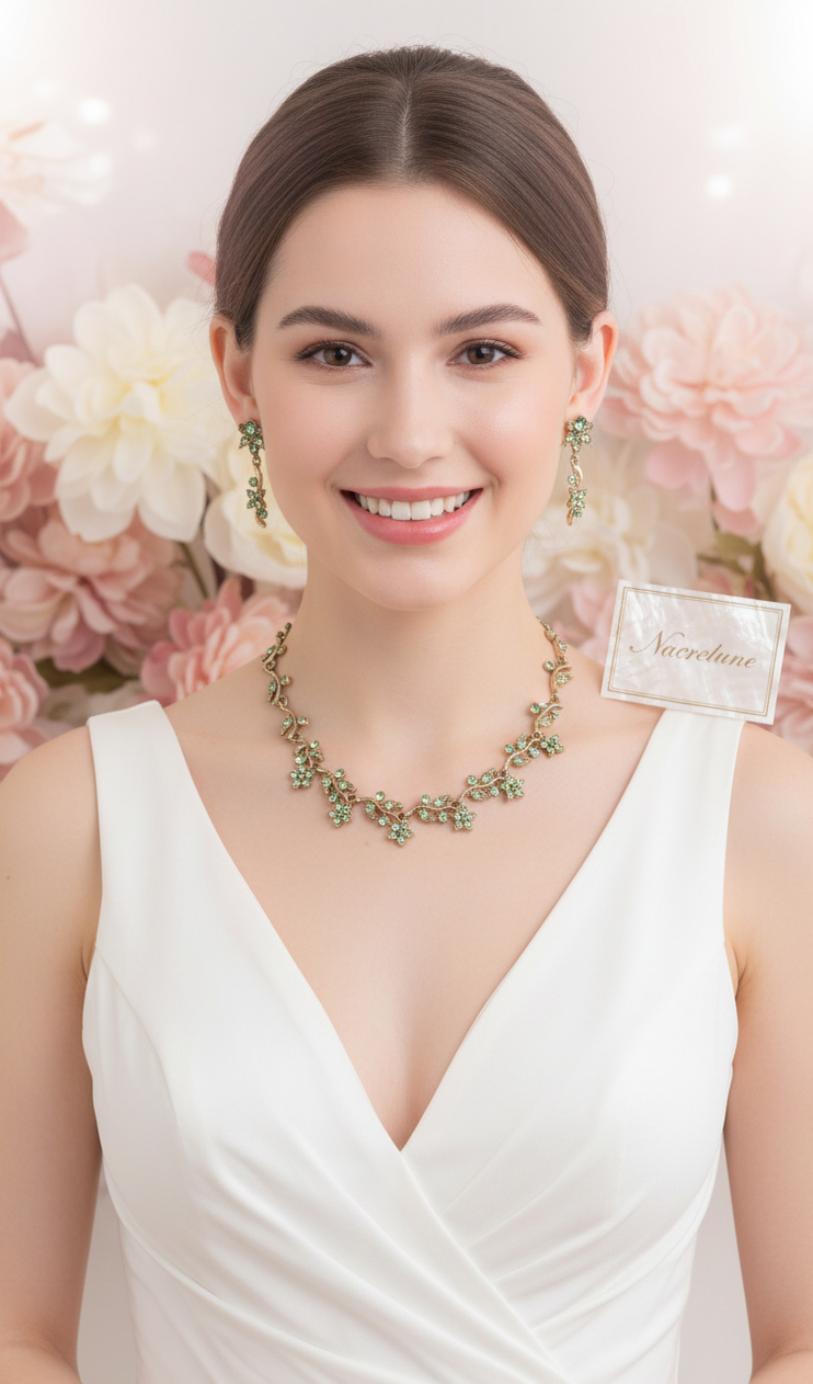 👑 Parure Vintage en Strass Vert Pâle | Collier et Boucles d'Oreilles | NACRELUNE nacrelune.com parure