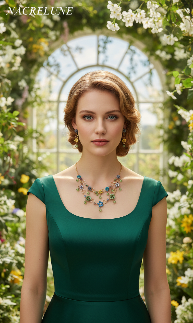 Conjunto de joyas en pedrería de colores con pequeñas rosas