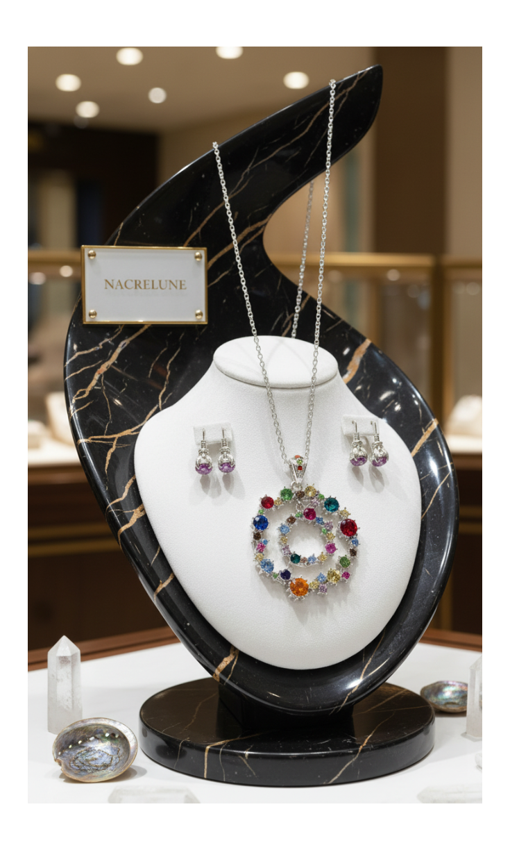 Necklace set with silver circles and multicolored rhinestones