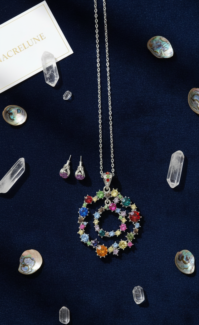 Necklace set with silver circles and multicolored rhinestones