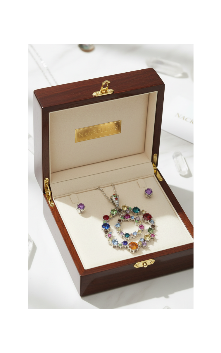 Parure sautoir avec cercles argentés et strass multicolores nacrelune.com parure