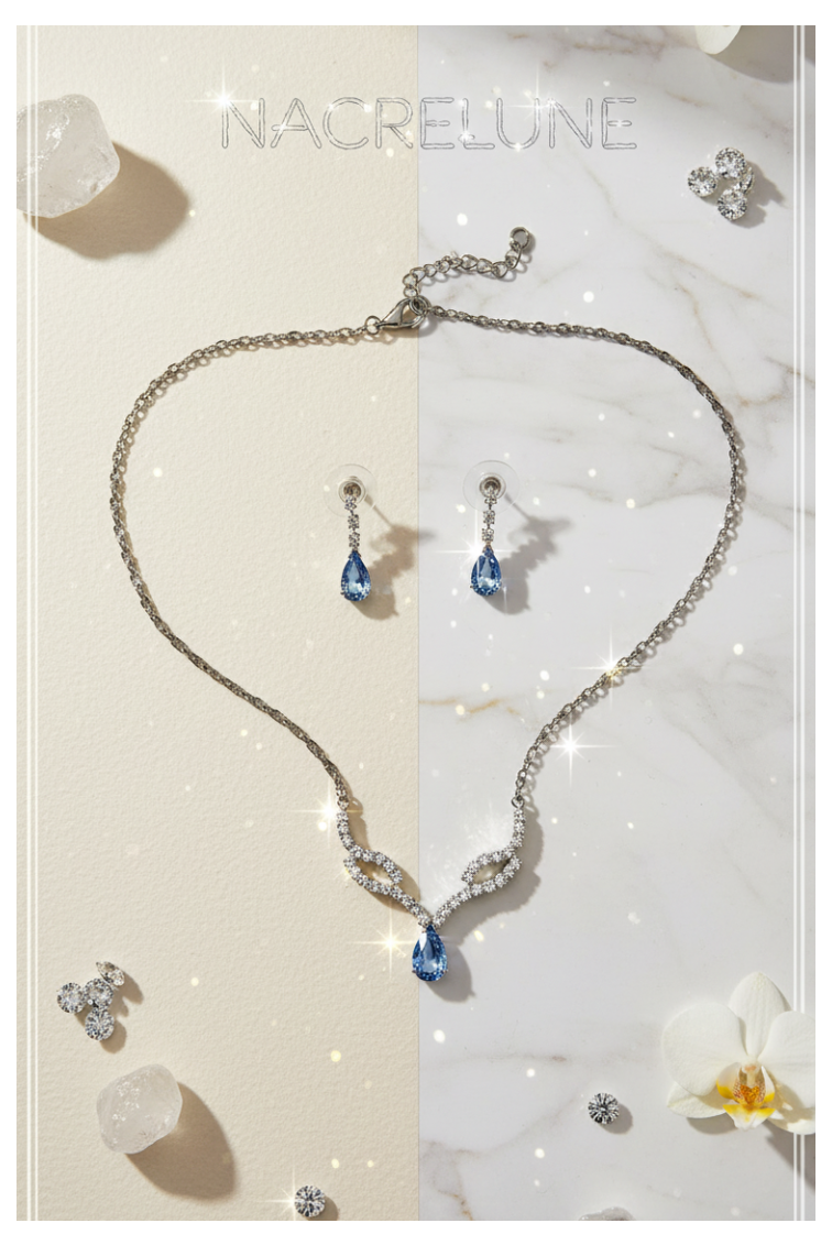👑Pequeño conjunto de joyas de diamantes de imitación con piedra azul