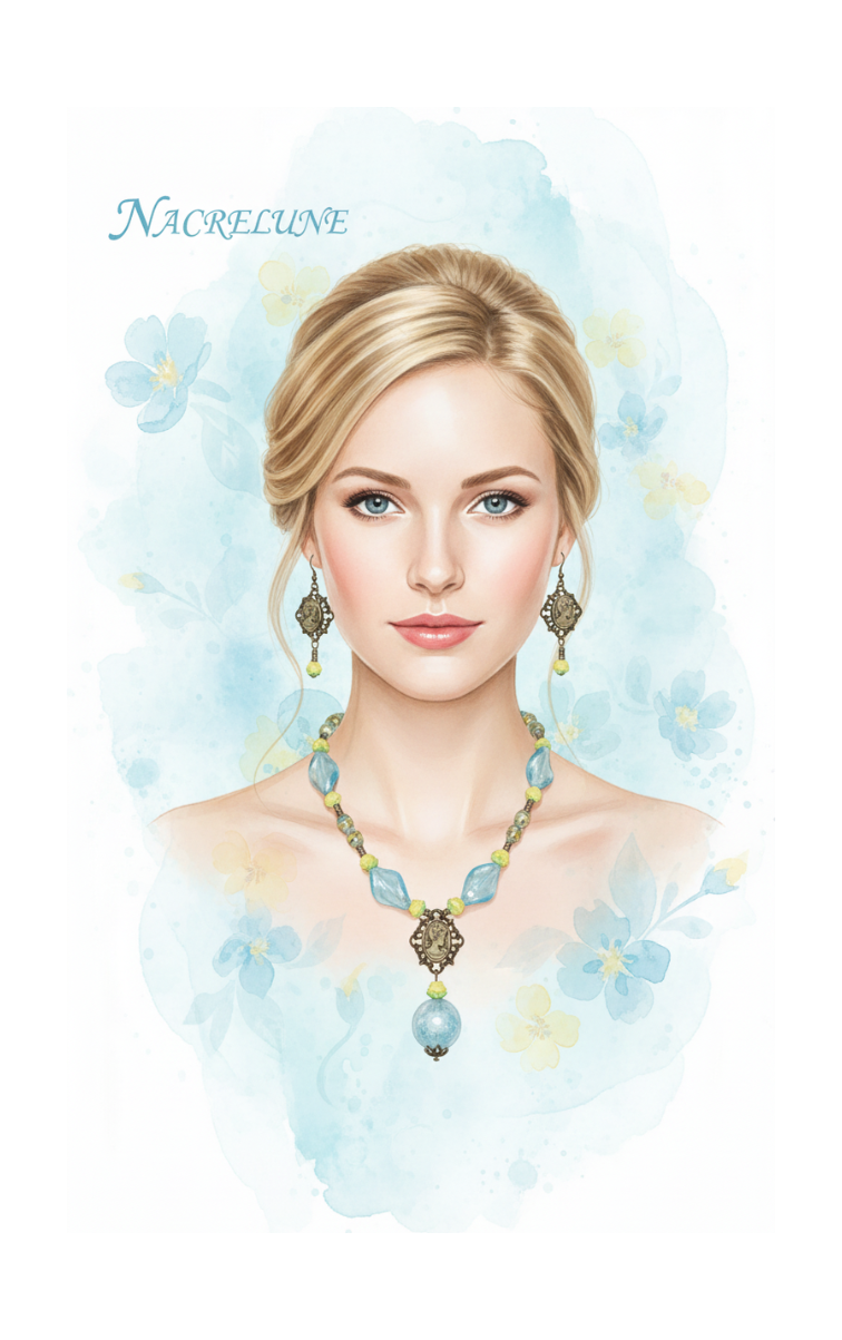 Parure en perles de verre bleue et jaune avec camée en métal