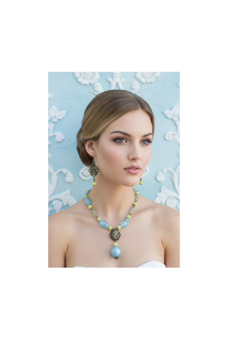 Parure en perles de verre bleue et jaune avec camée en métal