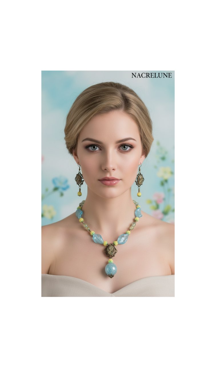 Parure en perles de verre bleue et jaune avec camée en métal