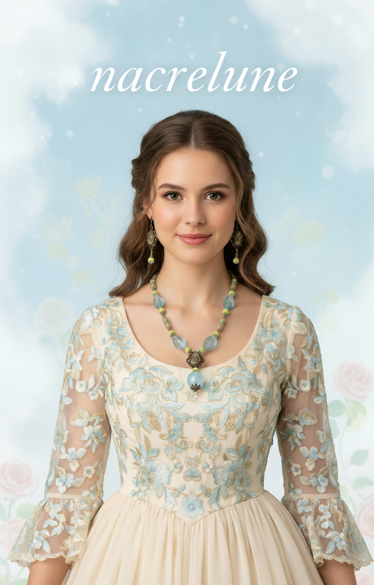 Parure en perles de verre bleue et jaune avec camée en métal