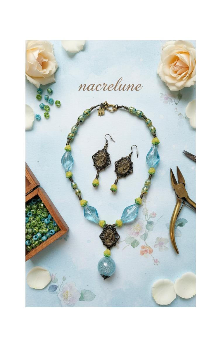 Parure en perles de verre bleue et jaune avec camée en métal