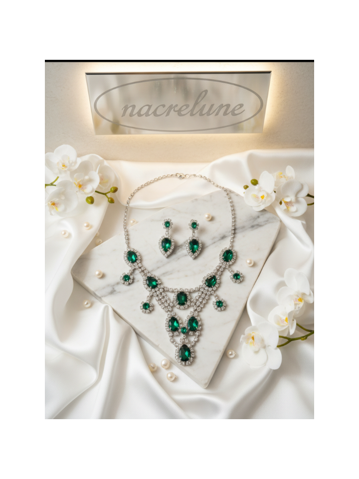 Conjunto de joyas vintage de diamantes de imitación verdes