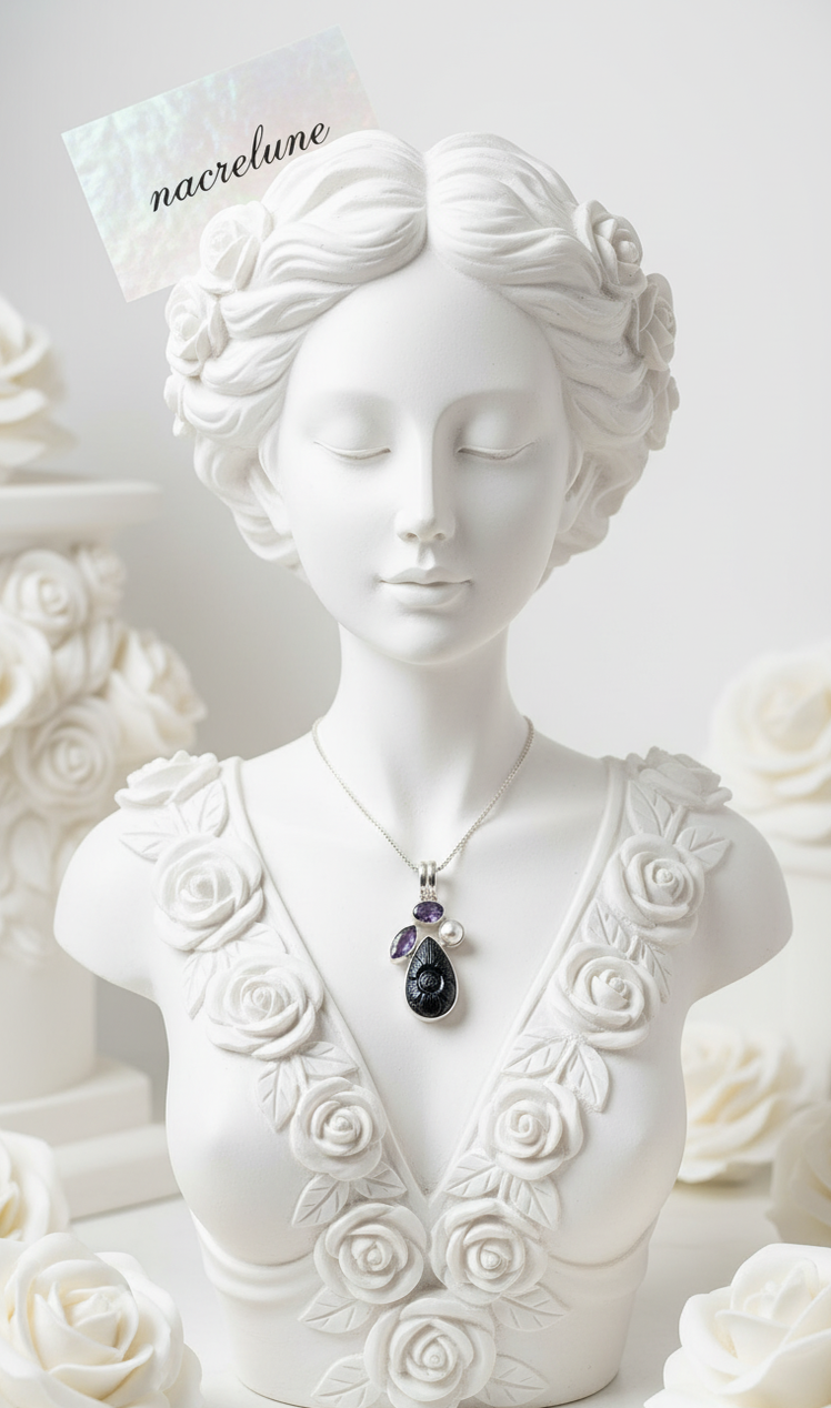 Pendentif Argent 925 — Pierre de Soleil Bleue, Améthystes & Perle Fine | NACRELUNE NACRELUNE pendentif