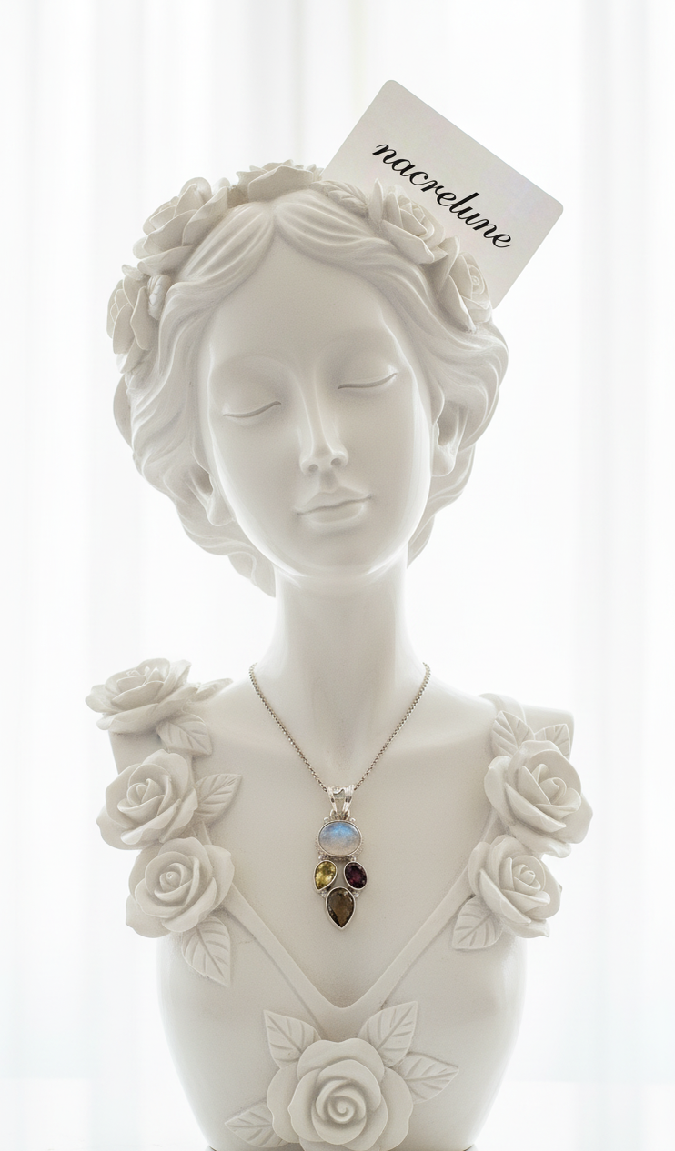 Pendentif Argent avec Citrine, Quartz Fumé, Grenat & Pierre de Lune | NACRELUNE NACRELUNE pendentif