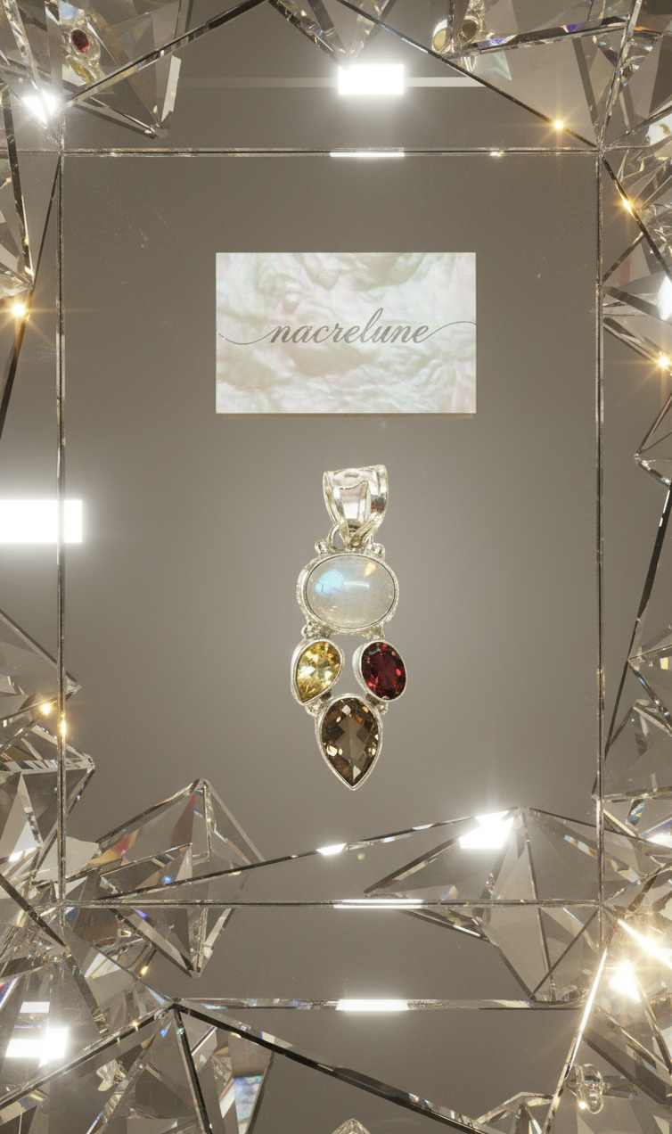 Pendentif Argent avec Citrine, Quartz Fumé, Grenat & Pierre de Lune | NACRELUNE NACRELUNE pendentif