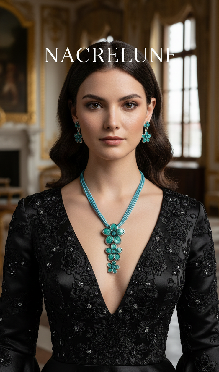 Colgante en forma de flor de esmalte y diamantes de imitación con pendientes a juego.