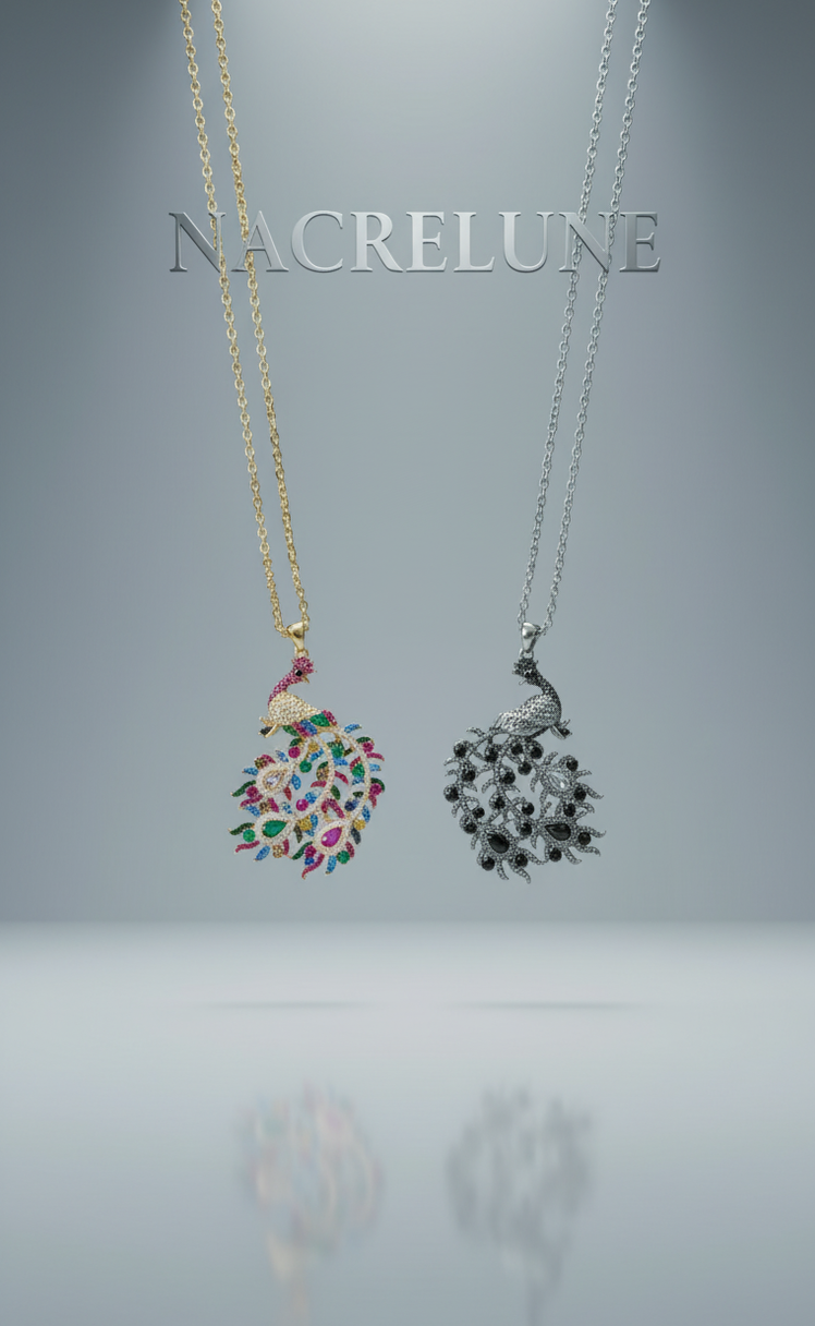 Pendentif Paon en Strass sur Longue Chaîne — 2 Versions | NACRELUNE NACRELUNE pendentif