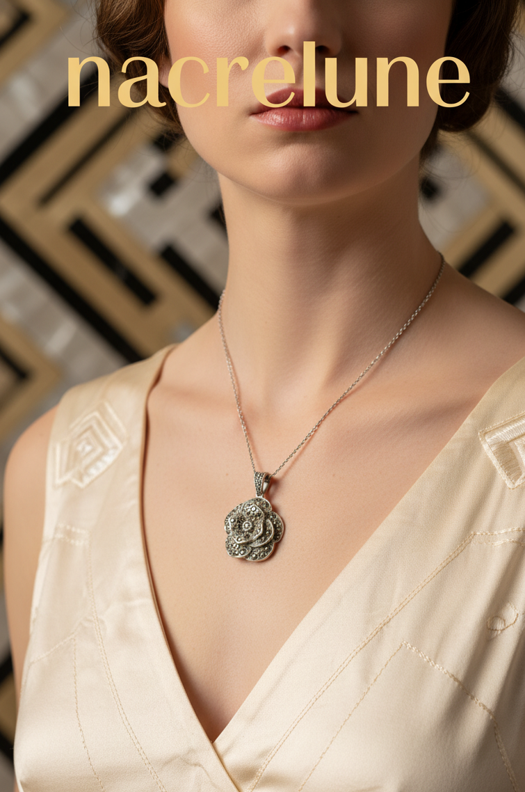 Pendentif Argent 925 & Marcassites | Rose Sculptée Art Déco – Nacrelune nacrelune.com pendentif