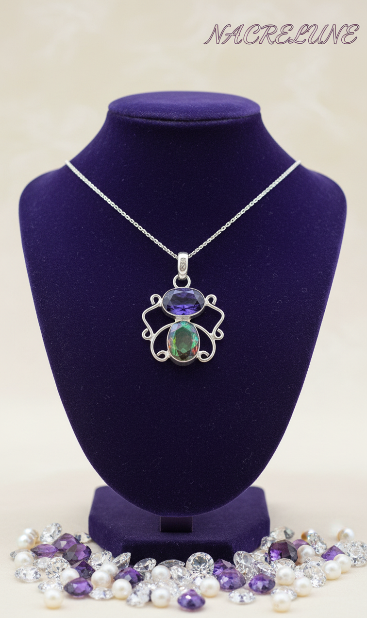 Silver pendant with cut amethyst and mystic topaz