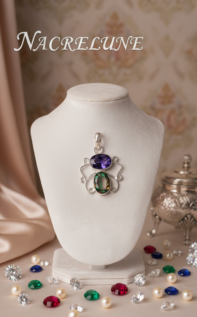 Silver pendant with cut amethyst and mystic topaz