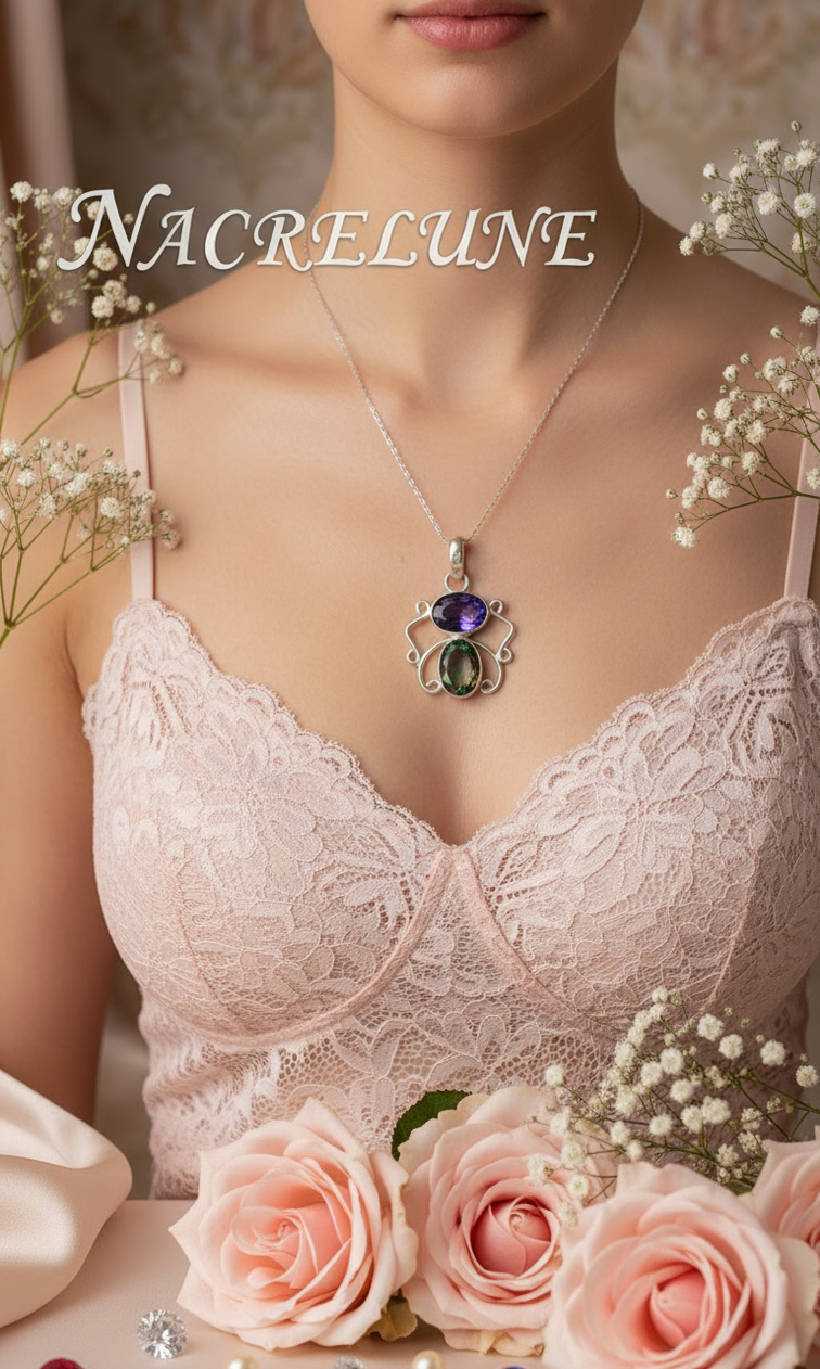 Silver pendant with cut amethyst and mystic topaz