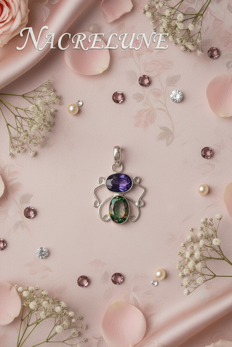 Silver pendant with cut amethyst and mystic topaz