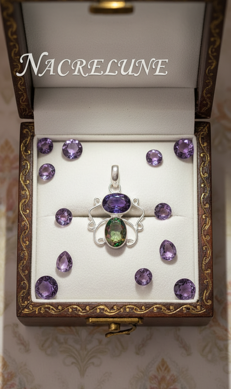 Silver pendant with cut amethyst and mystic topaz