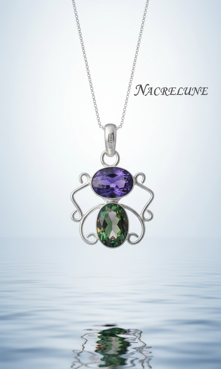 Silver pendant with cut amethyst and mystic topaz