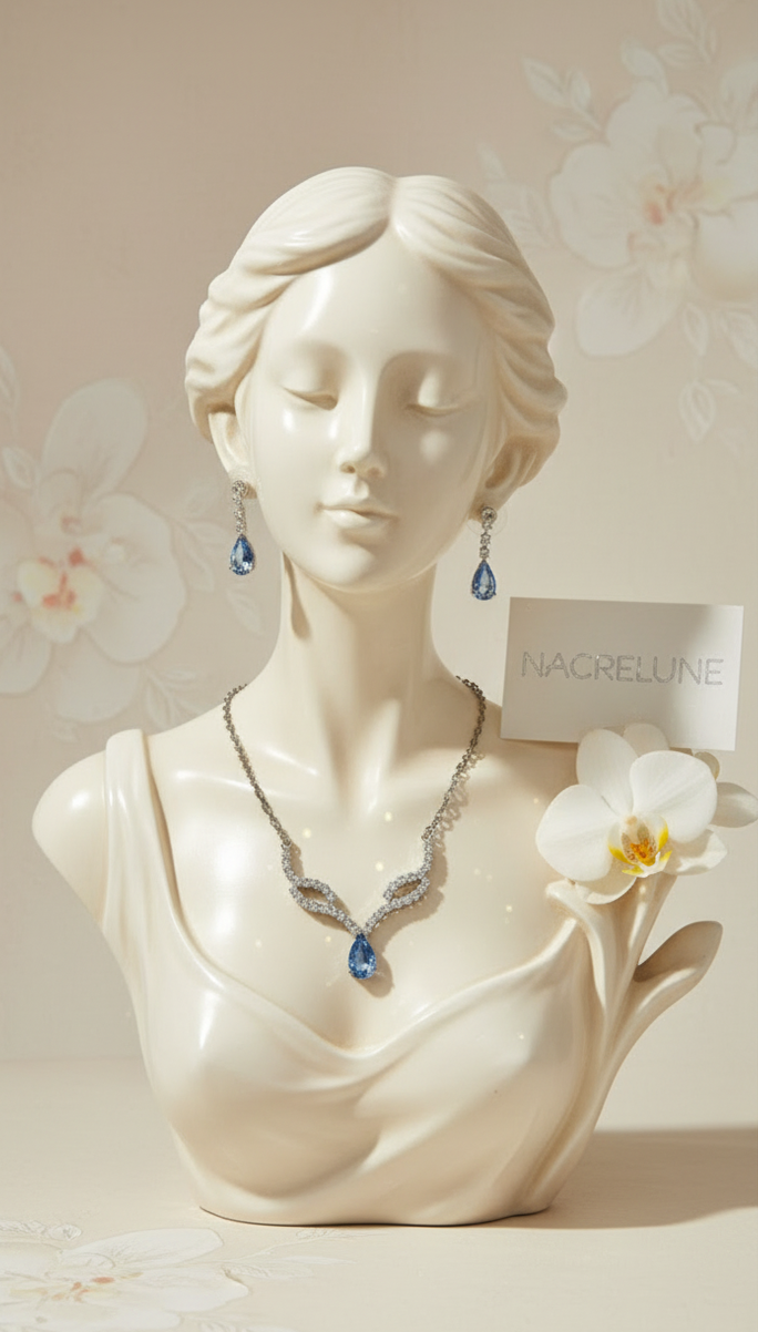 👑 Petite Parure en Strass avec Pierre Bleue | Collier et Boucles d'Oreilles | NACRELUNE nacrelune.com parure
