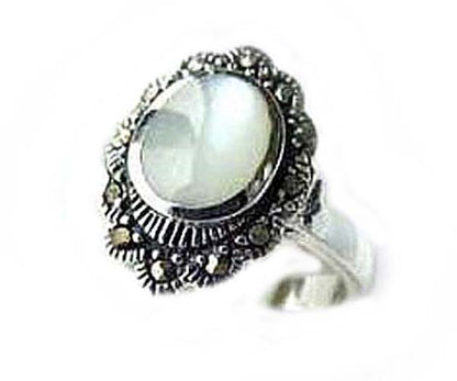 Marcasite mother-of-pearl silver ring (White/black) R2