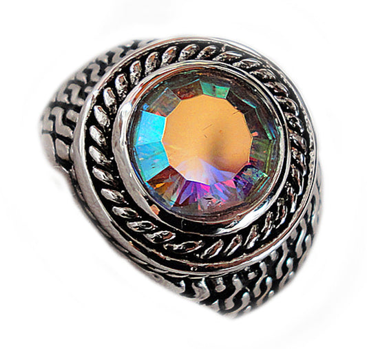 Silver ring with rainbow “mystic” treated topaz R33