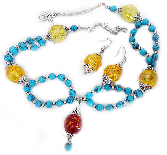 Reconstituted turquoise and amber set SE143