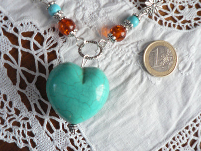 Parure coeur en turquoise lourde avec dégradé perles d'ambre (reconstitué)SE44