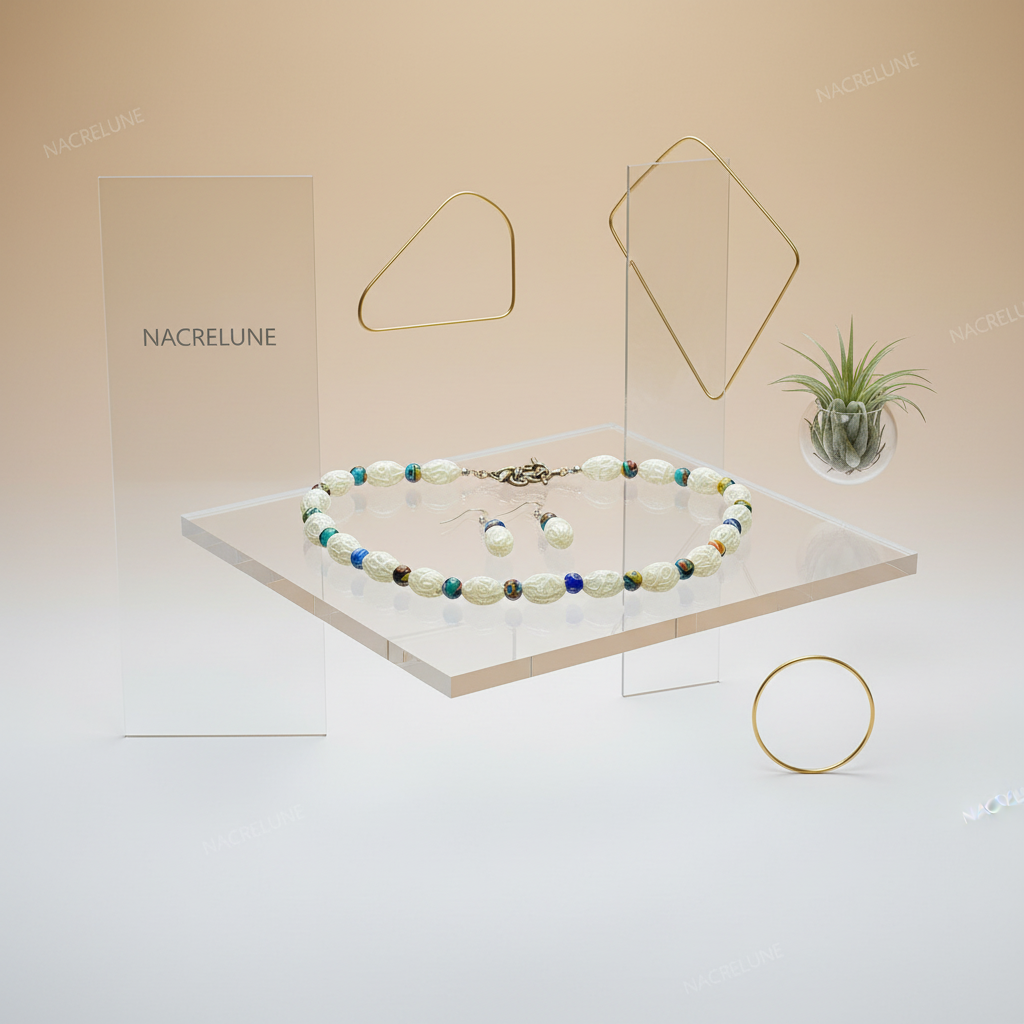 parure en perles de verre dentelle blanche avec millefleurs nacrelune.com parure