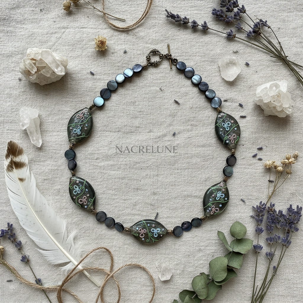 Collier en pastilles de nacre bleu et grandes perles de verre peintes à la main nacrelune.com collier