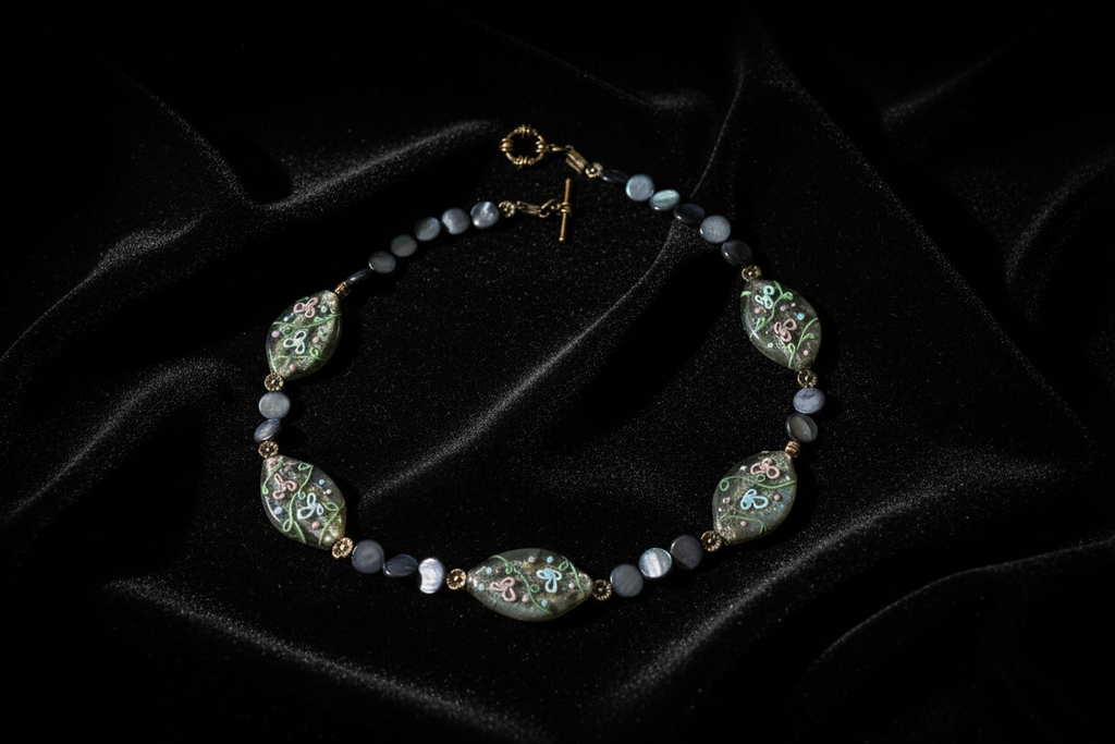 Collier en pastilles de nacre bleu et grandes perles de verre peintes à la main nacrelune.com collier