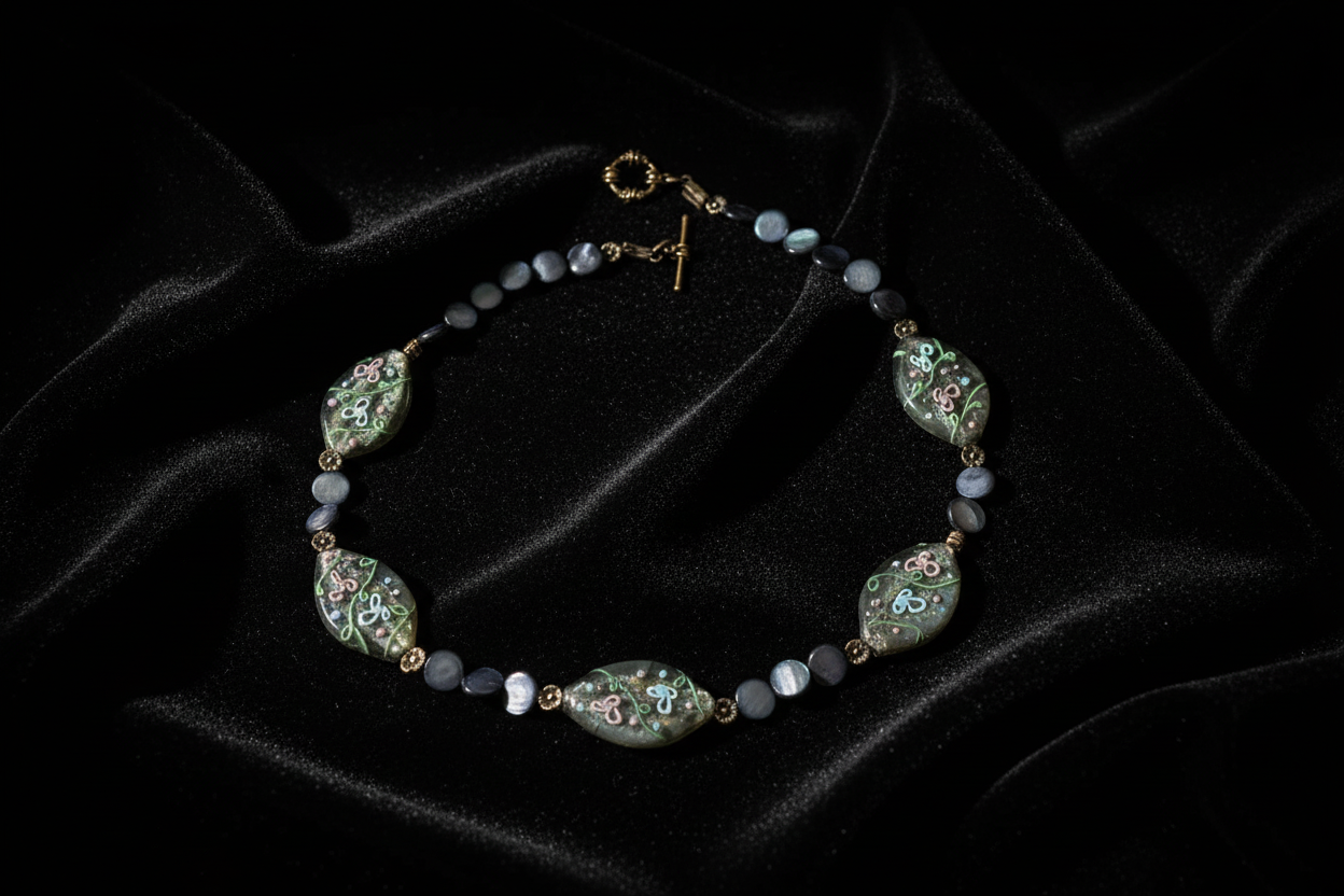 Collier en pastilles de nacre bleu et grandes perles de verre peintes à la main nacrelune.com collier