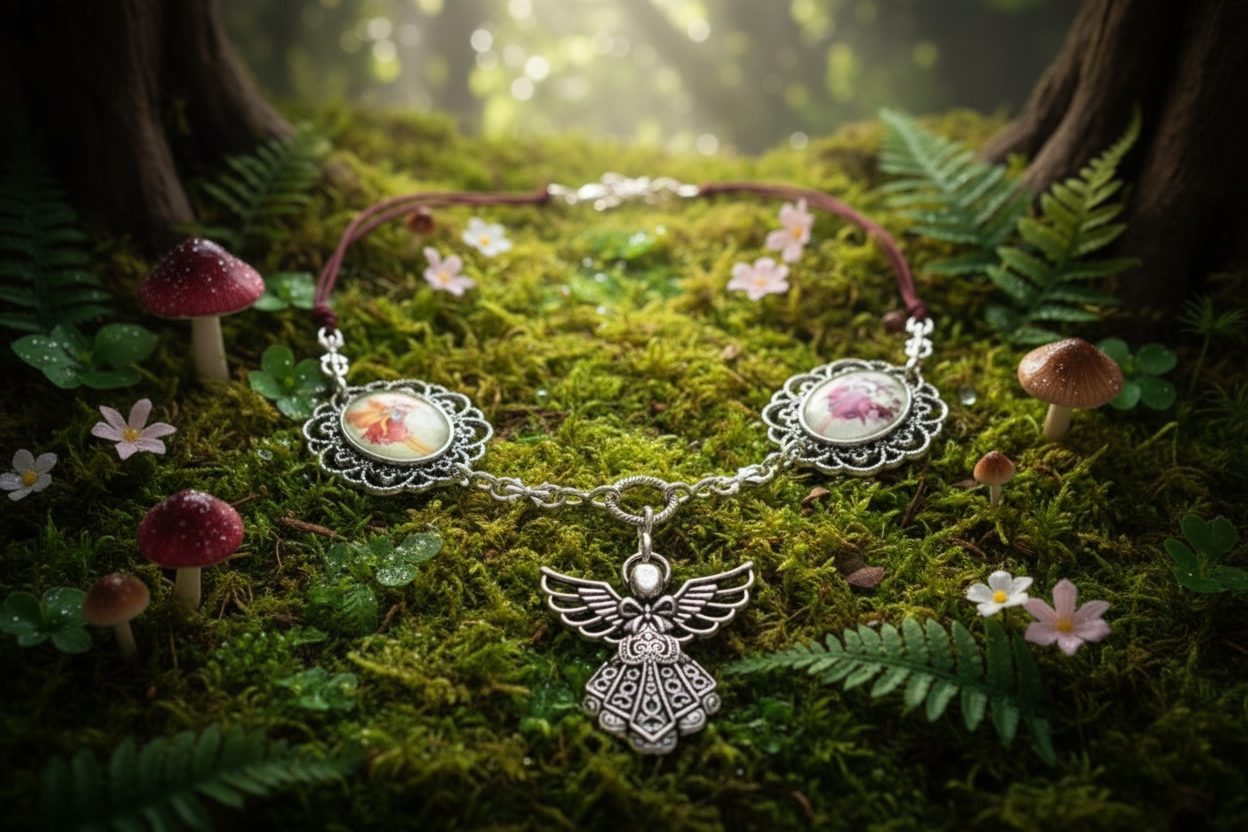 Collier fait de petits camées représentant un ange et des fées des fleurs NACRELUNE collier