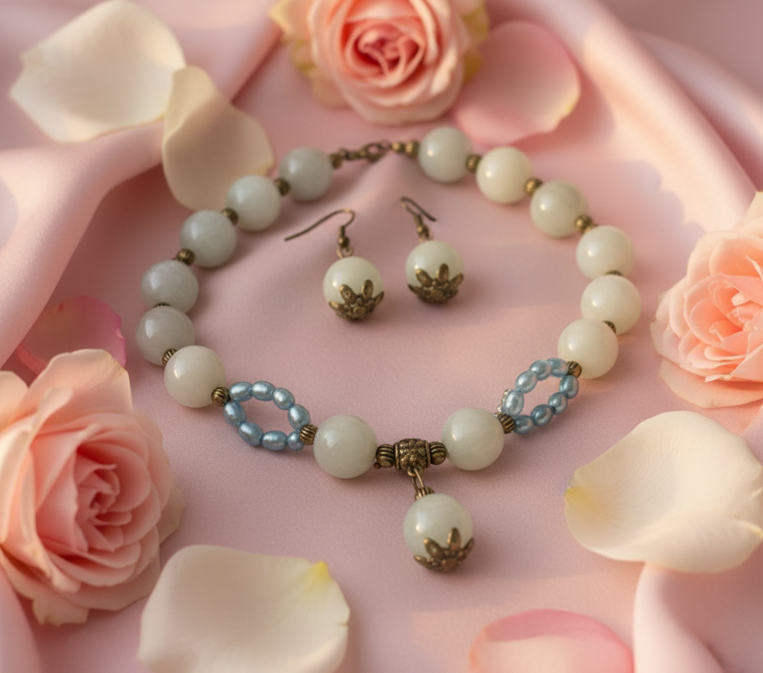 Parure pierres de lune grises et perles de culture bleues nacrelune.com parure