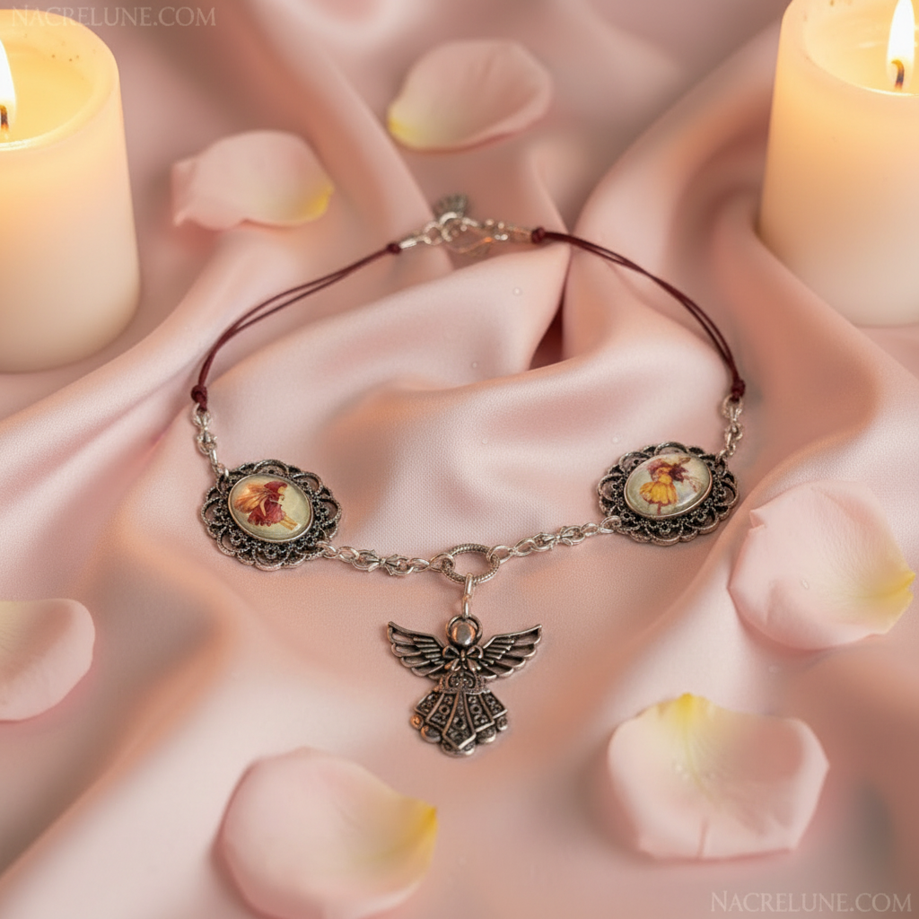 Collier fait de petits camées représentant un ange et des fées des fleurs nacrelune.com collier