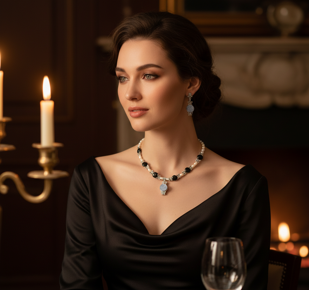 parure en perles d'obsidienne et fleurs sculptées en oeil de chat avec perles de culture NACRELUNE parure