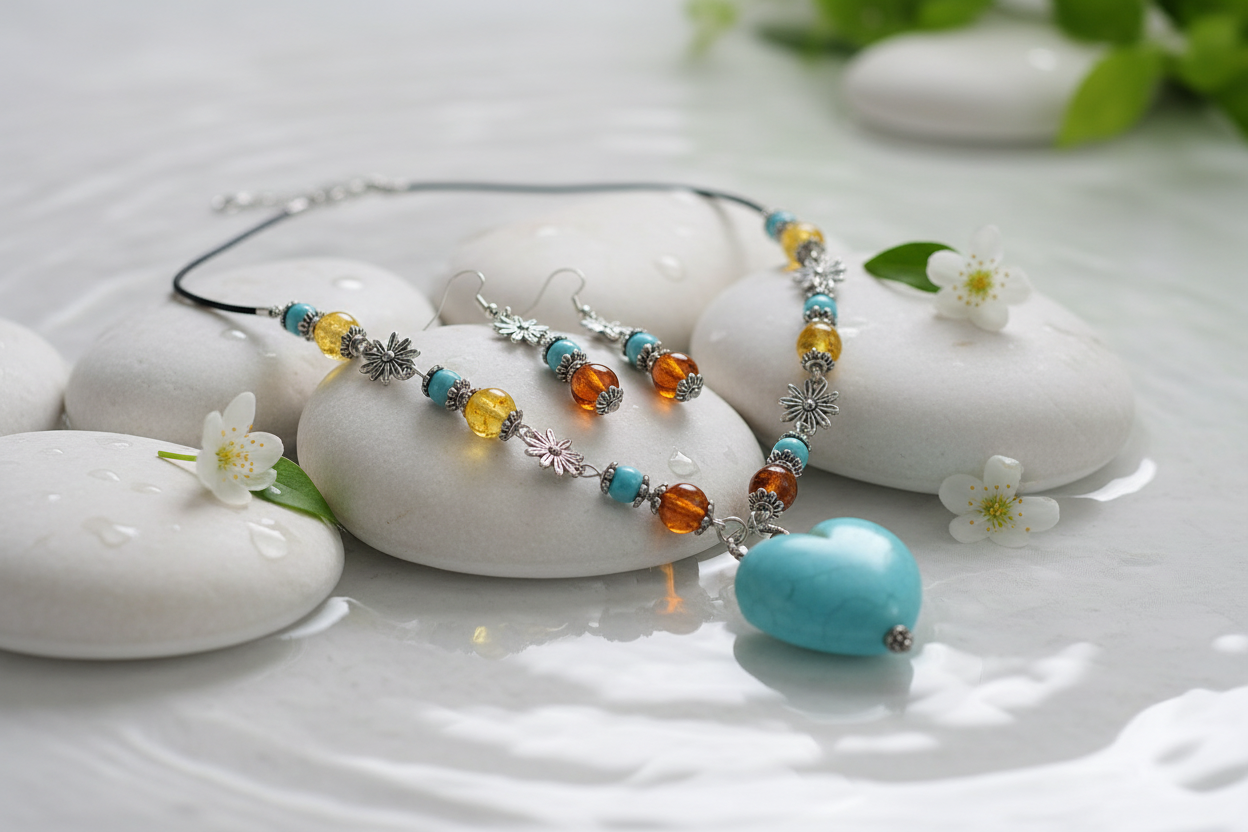 Parure ambre et cœur turquoise nacrelune.com parure