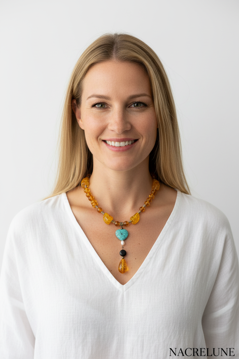 Collier Ambre, Turquoise & Obsidienne Dorée – Bijou Lithothérapie | NACRELUNE nacrelune.com collier