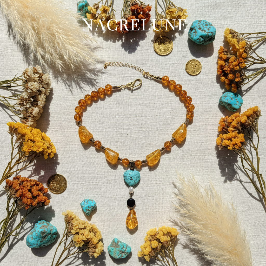 Collier Ambre, Turquoise & Obsidienne Dorée – Bijou Lithothérapie | NACRELUNE nacrelune.com collier