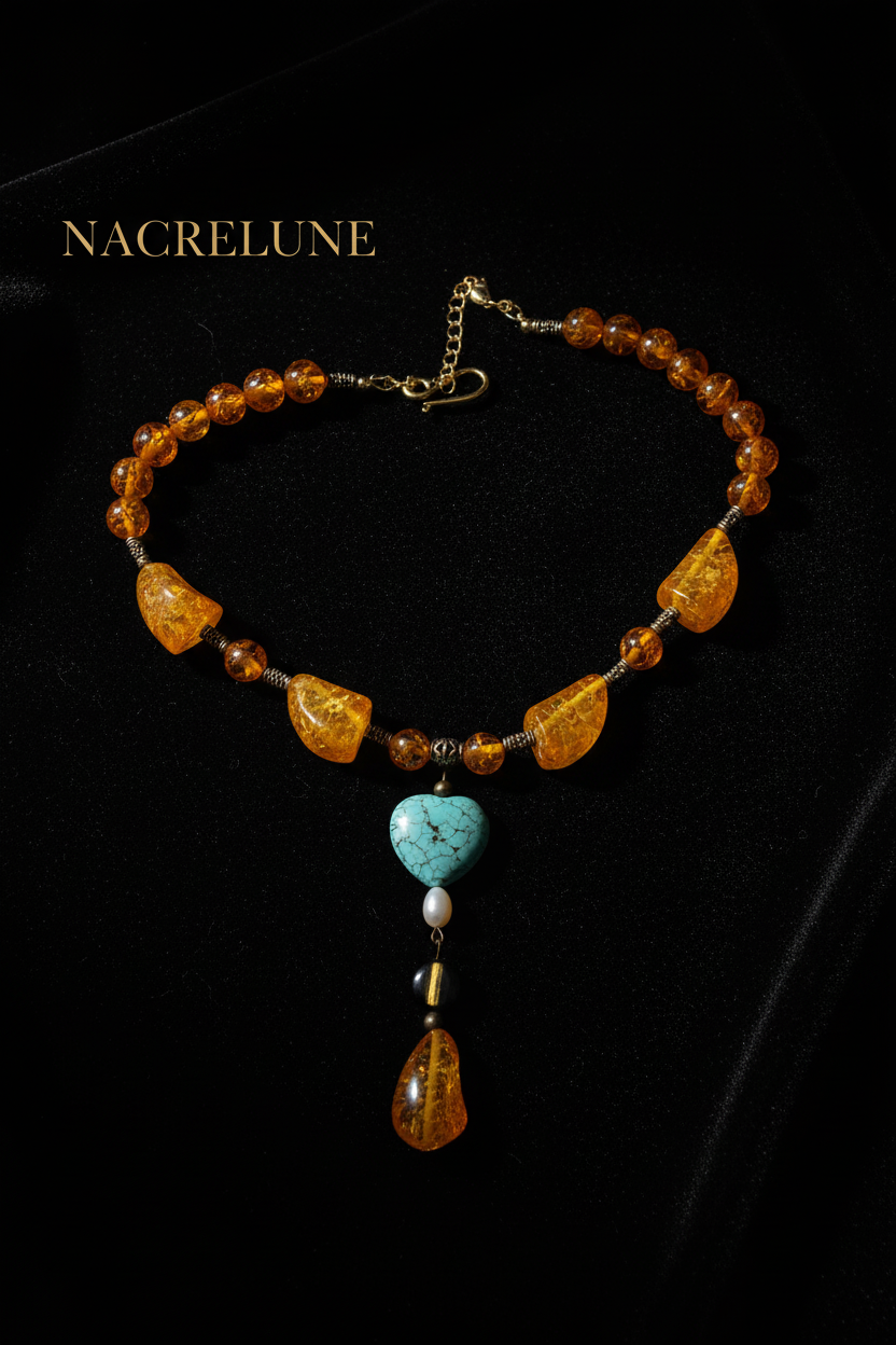 Collier Ambre, Turquoise & Obsidienne Dorée – Bijou Lithothérapie | NACRELUNE nacrelune.com collier