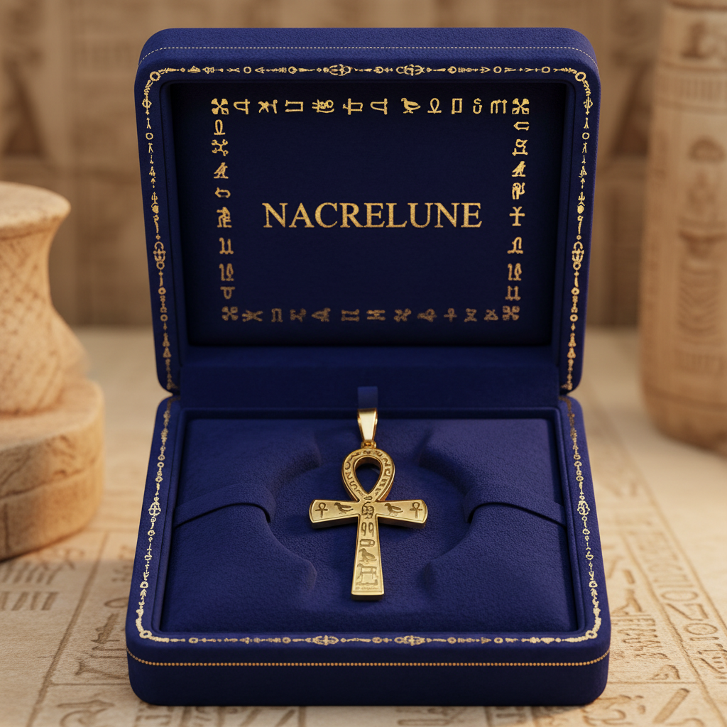 Ankh écrin velours bleu égyptien NACRELUNE