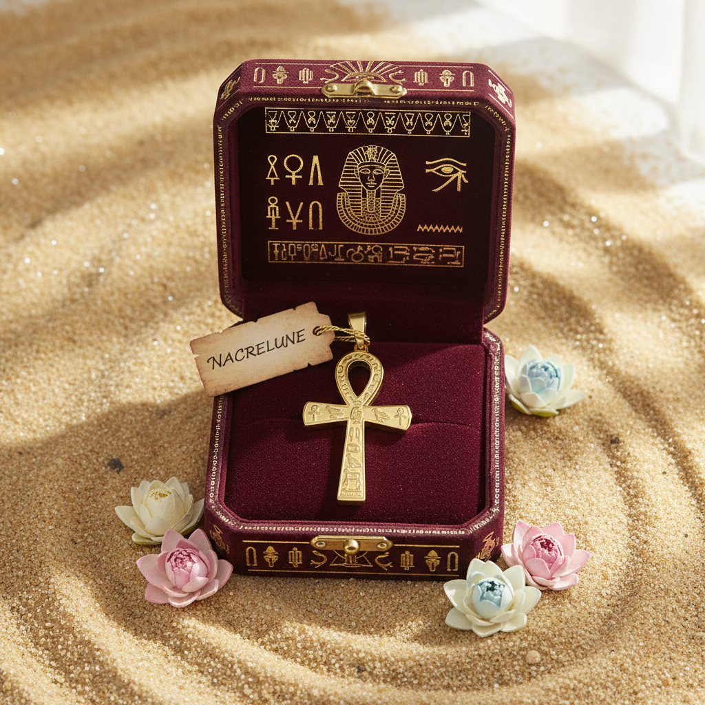 Ankh écrin velours bordeaux pharaon NACRELUNE