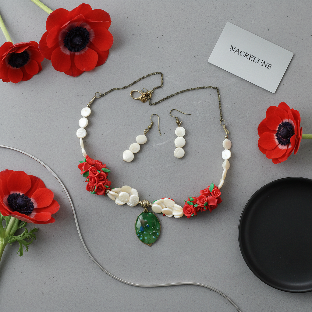 parure en perles pastilles de nacre, petites roses rouges en fimo et grande perle en verre décoré nacrelune.com parure
