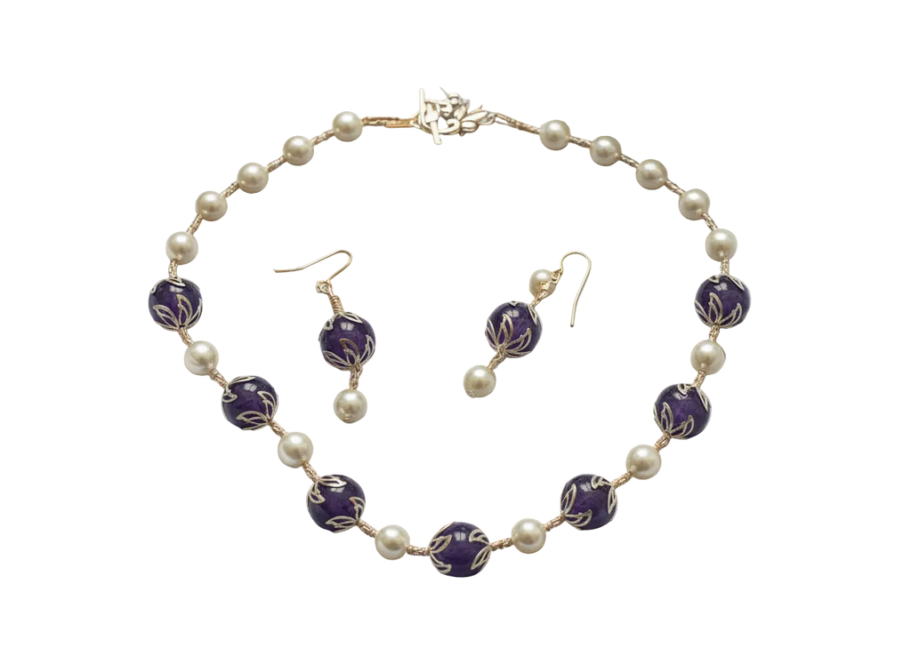 parure perles de nacre et améthystes véritables polies nacrelune.com parure