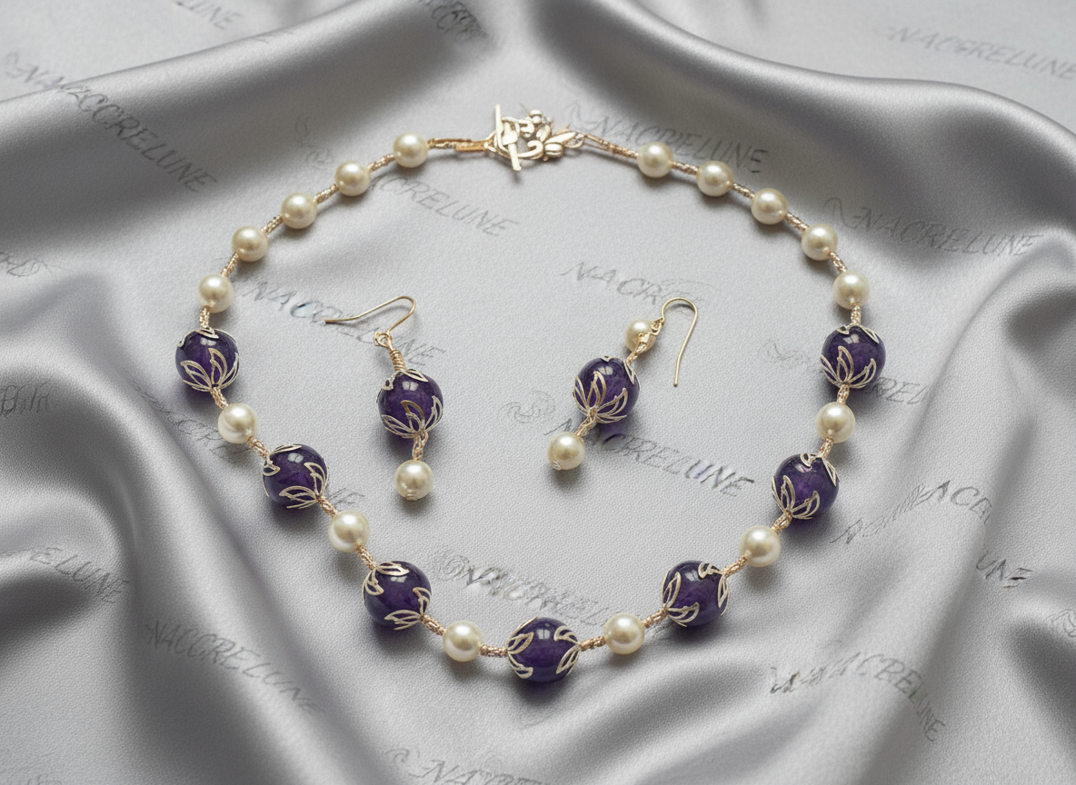 parure perles de nacre et améthystes véritables polies NACRELUNE parure